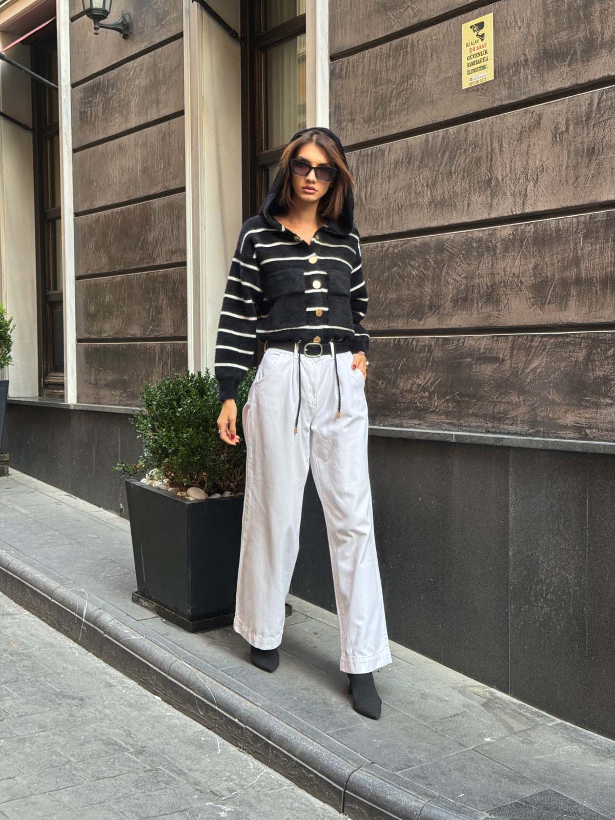 Angora Kaşonlu Çizgili Hırka