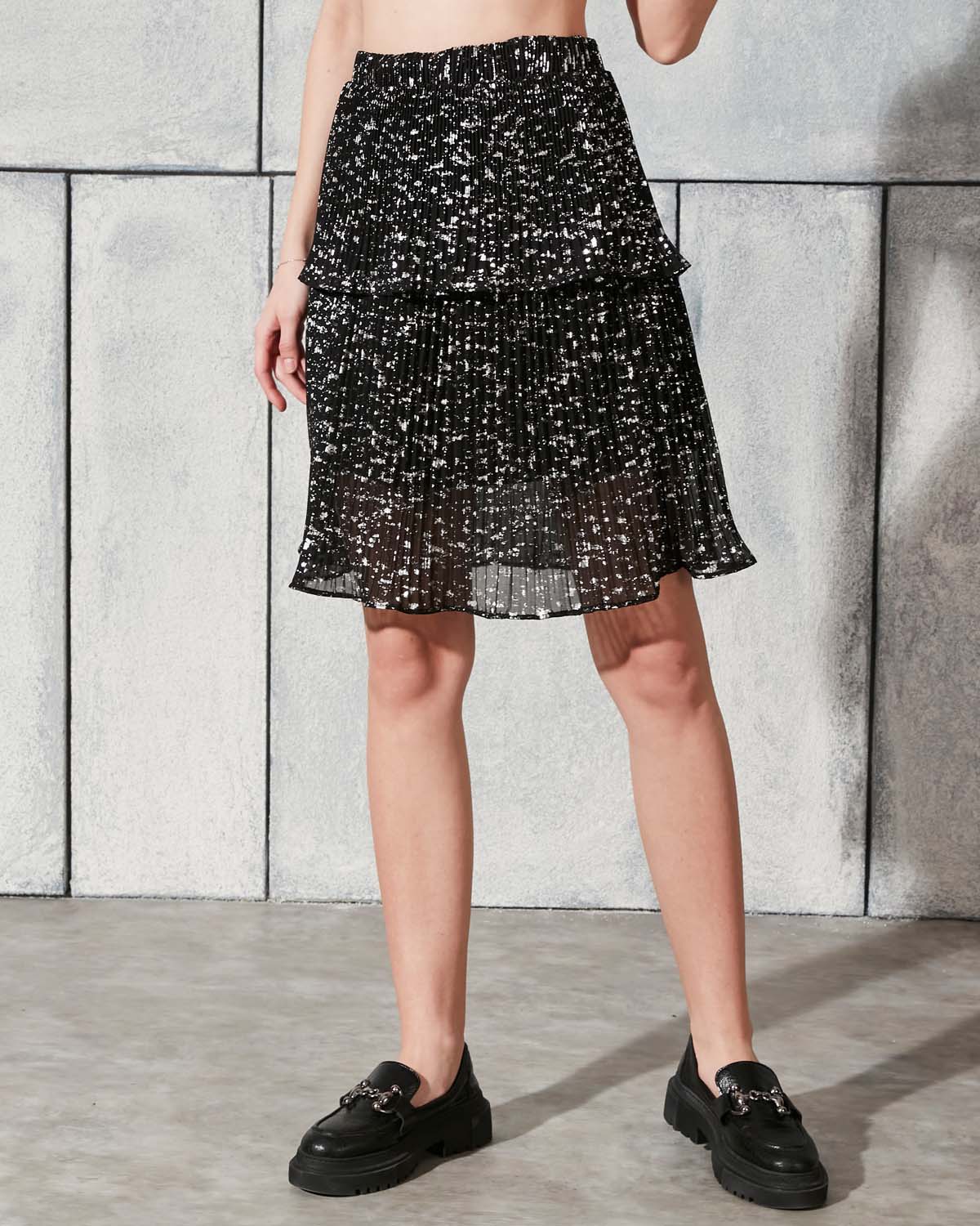 Fırça Varak Desenli(2 Katlı) Kısa Pileli Etek