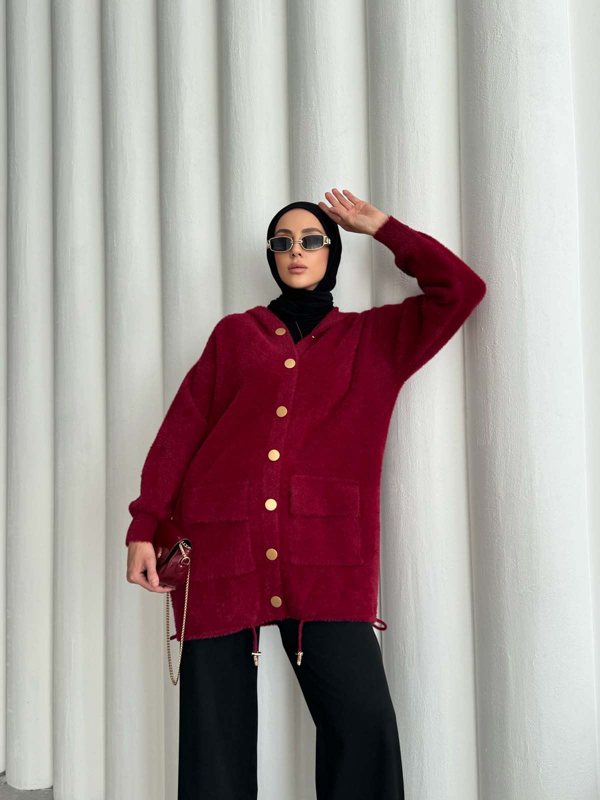 Angora Kapşonlu Uzun Hırka