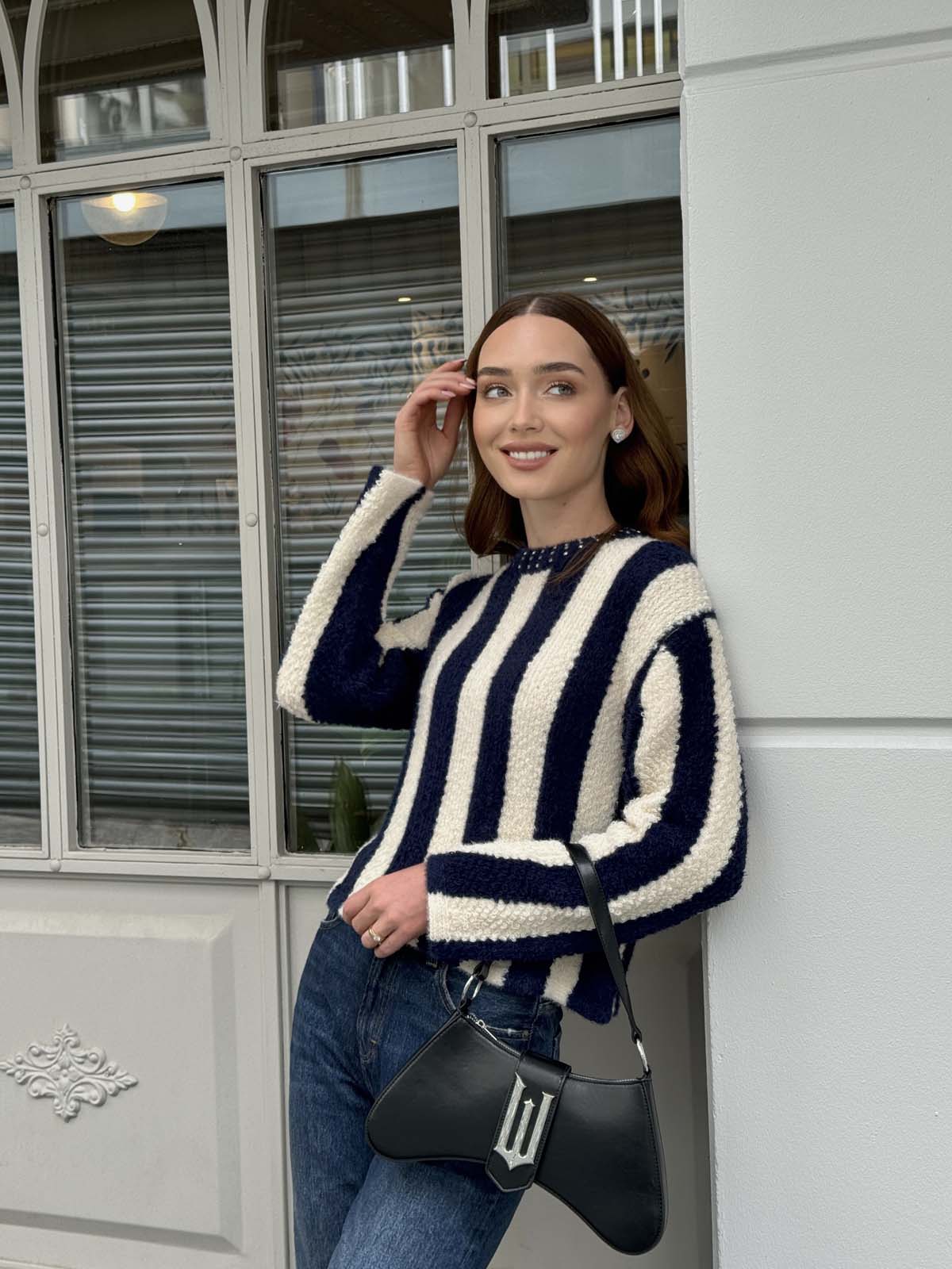 Angora Boyuna Çizgili Crop Kazak