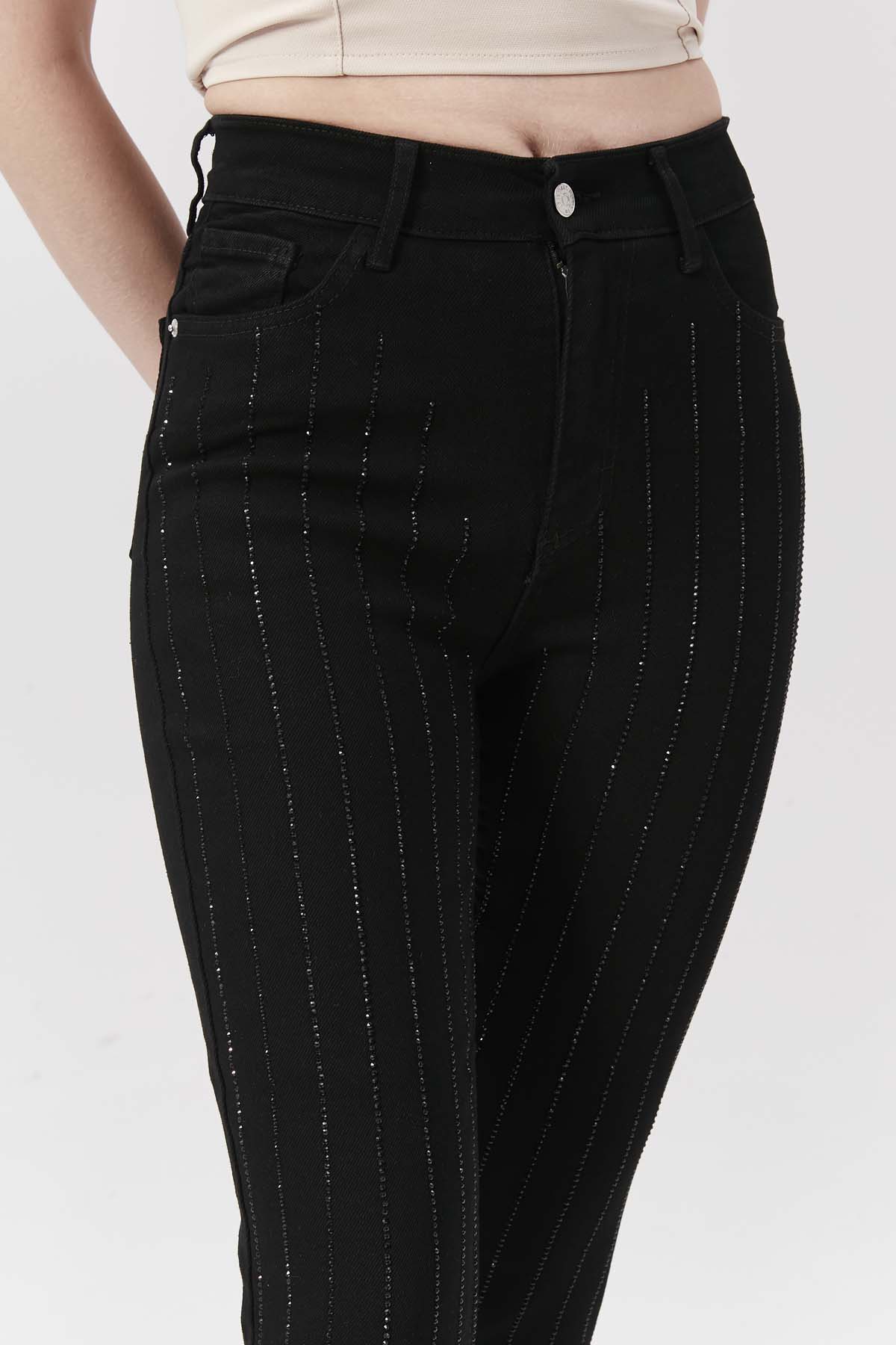 Şeritli  Taşlı  BoyFrend   Kot Pantolon