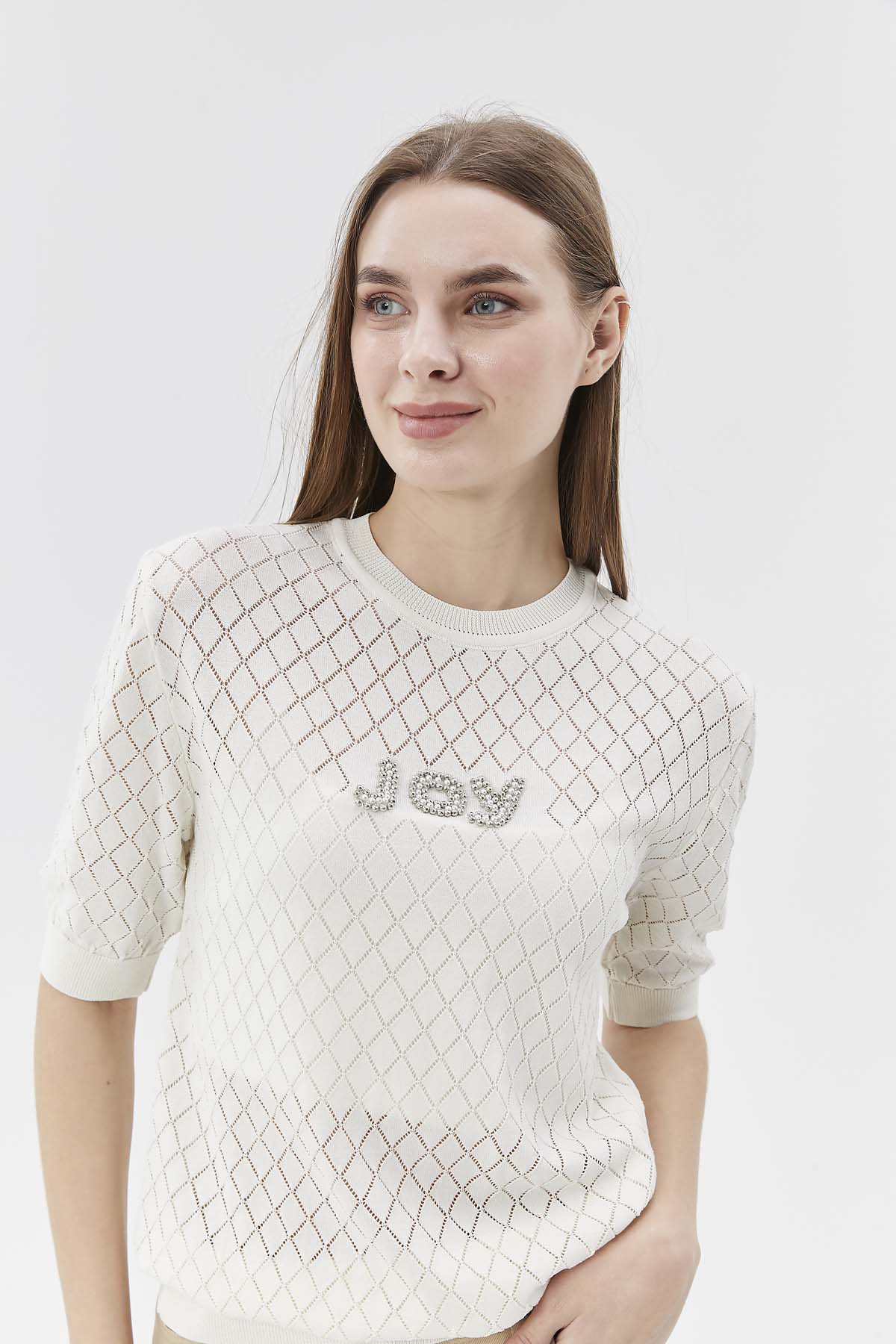 Kısa Kollu İncili Joy Yazılı Kısa Kazak