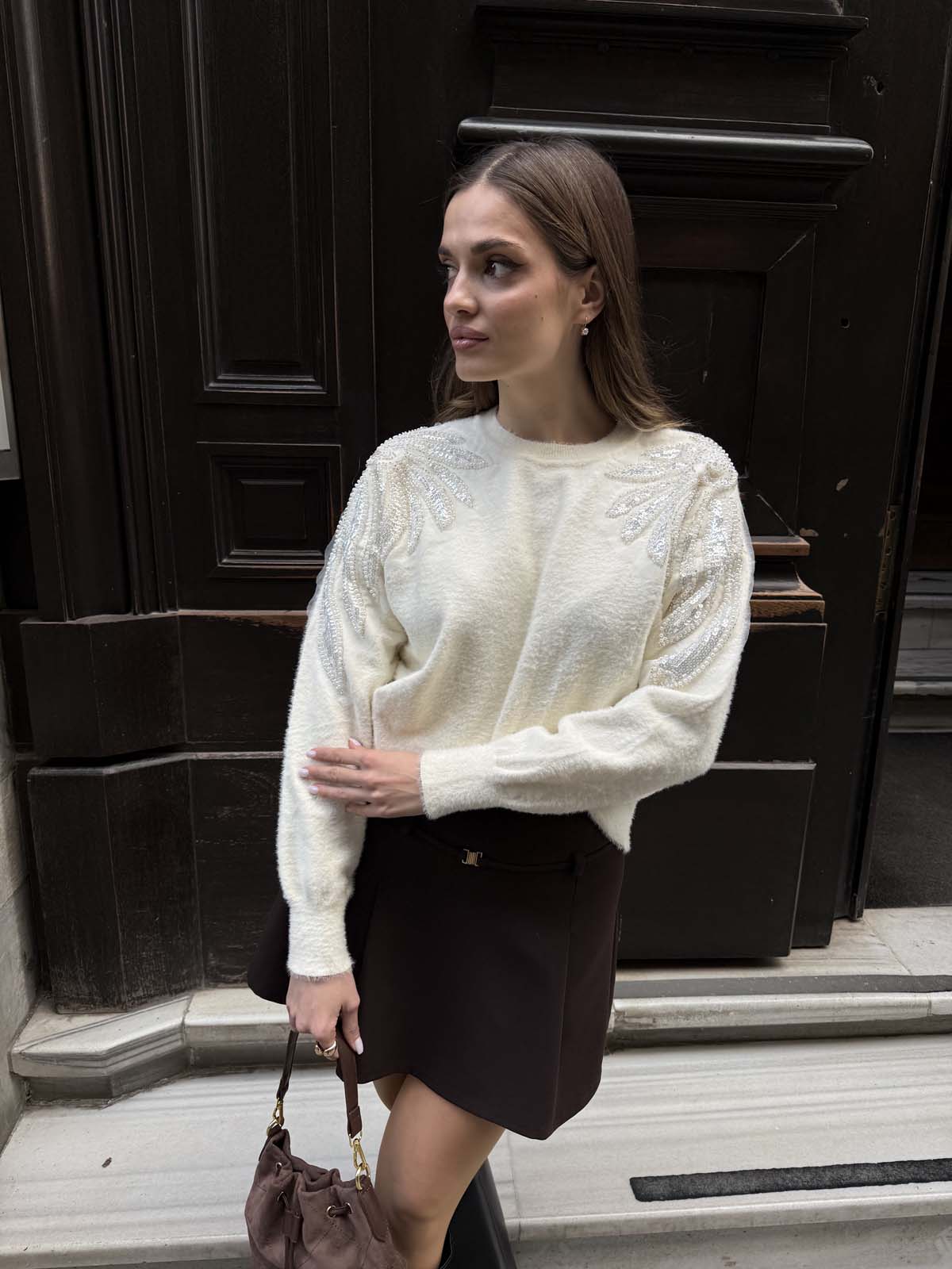 Angora Boncuklu Bisiklet Yaka Kazak