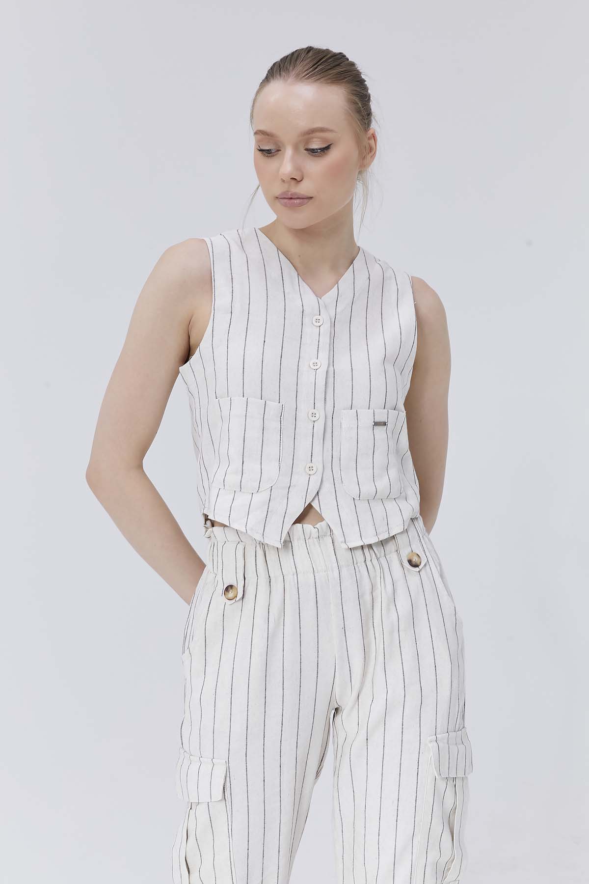 Çizgili Keten Pantolon