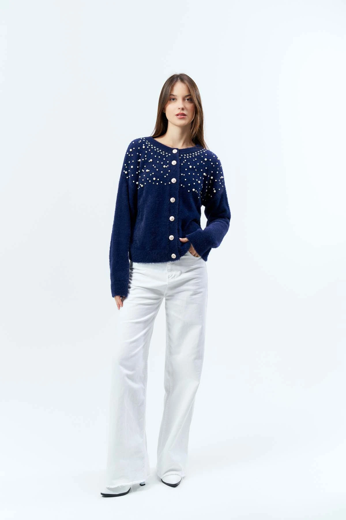 Angora İncili Düğmeli Kısa Ceket