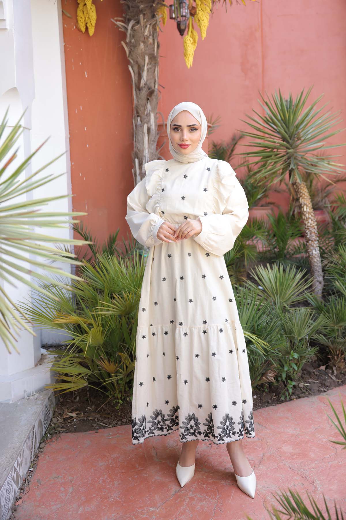 Fırfırlı Uzun Kollu  Çiçek Desenli  Elbise