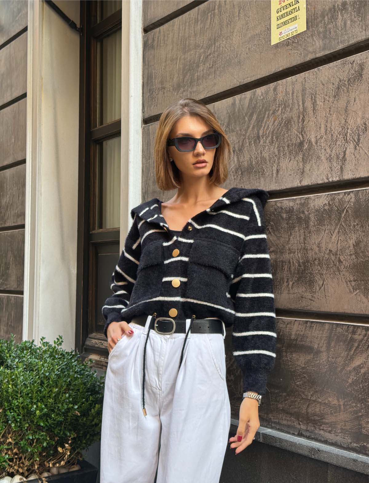 Angora Kaşonlu Çizgili Hırka