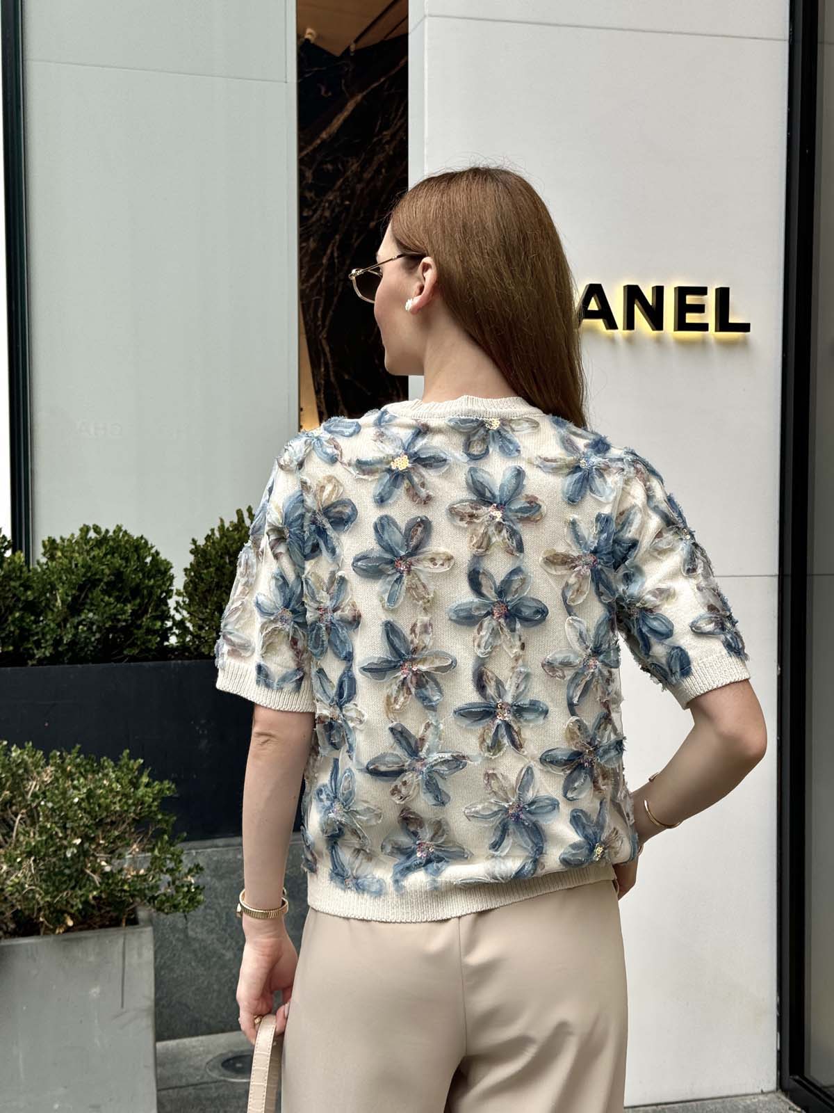 Pamuk Papatyalı Kumaşlı Kısa Kollu Kazak