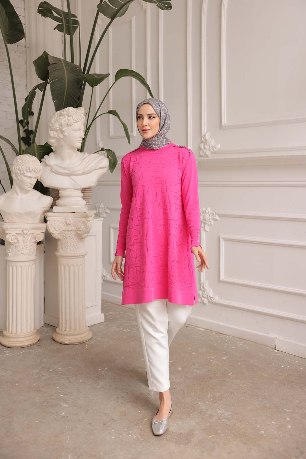 Merserize Omzu Beyoğlu Taşlı Yuvarlak Desenli Tunik