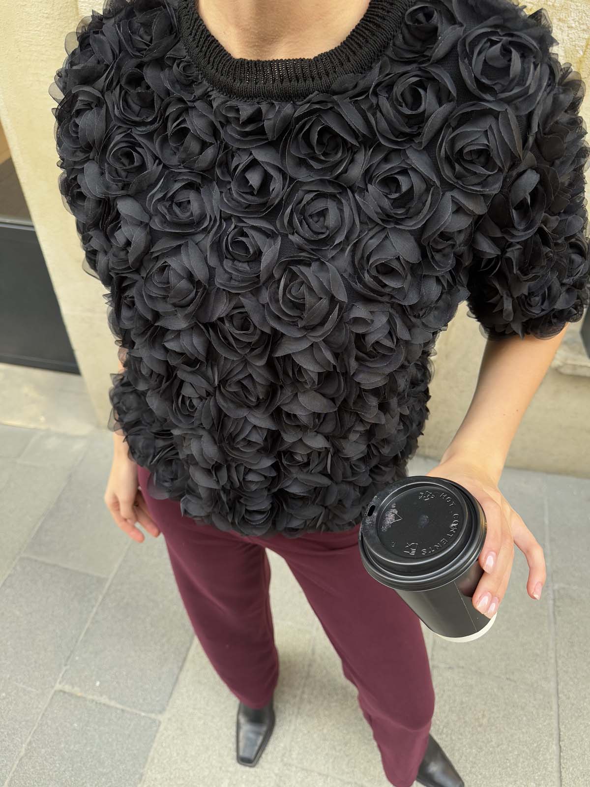 Pamuk Gül Tül Kumaşlı Kısa Kollu Kazak