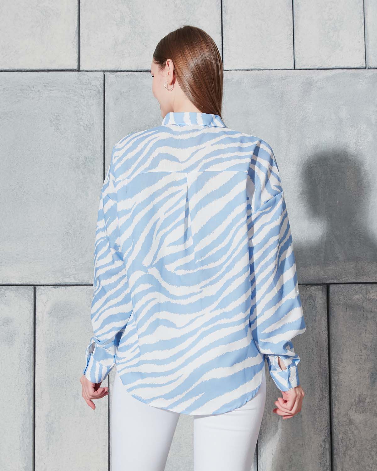 Zebra Desen Kısa Kolu Keten Gömlek