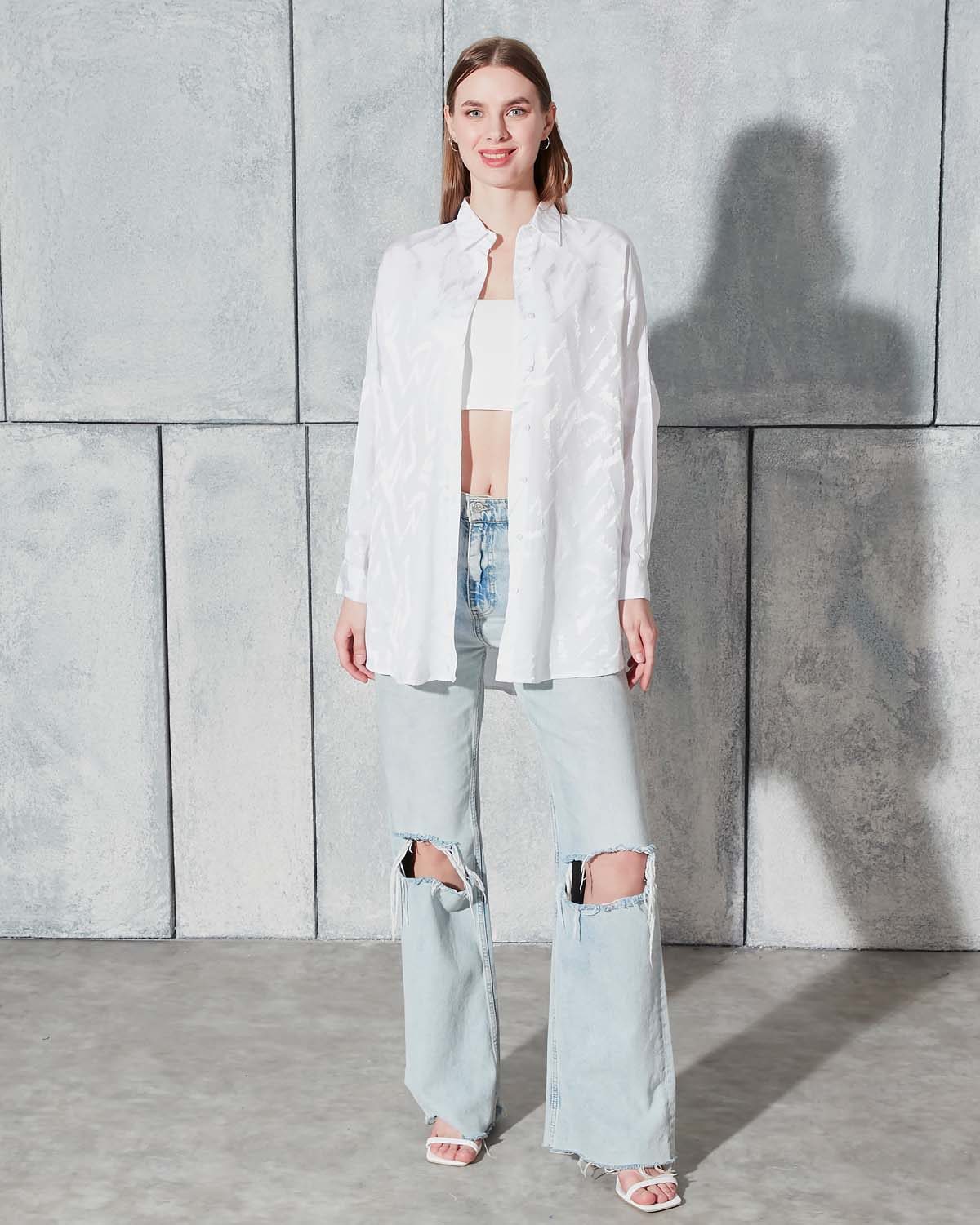 Ekru Jakarlı Saten Gömlek