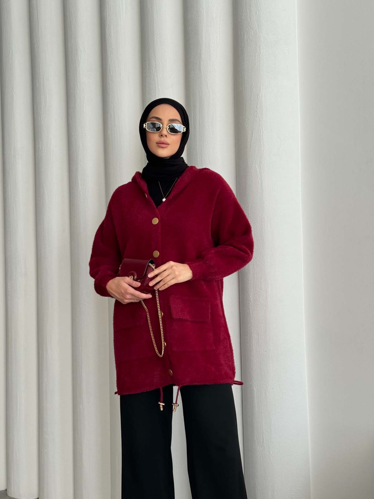 Angora Kapşonlu Uzun Hırka