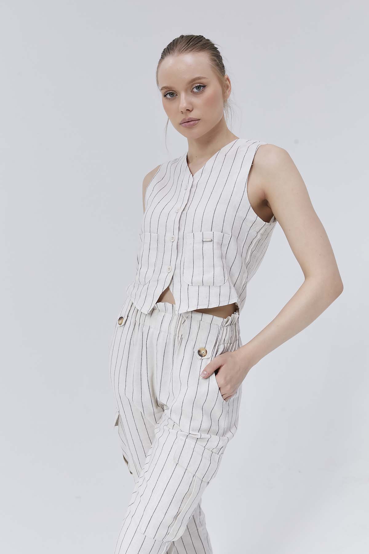 Çizgili Keten Pantolon