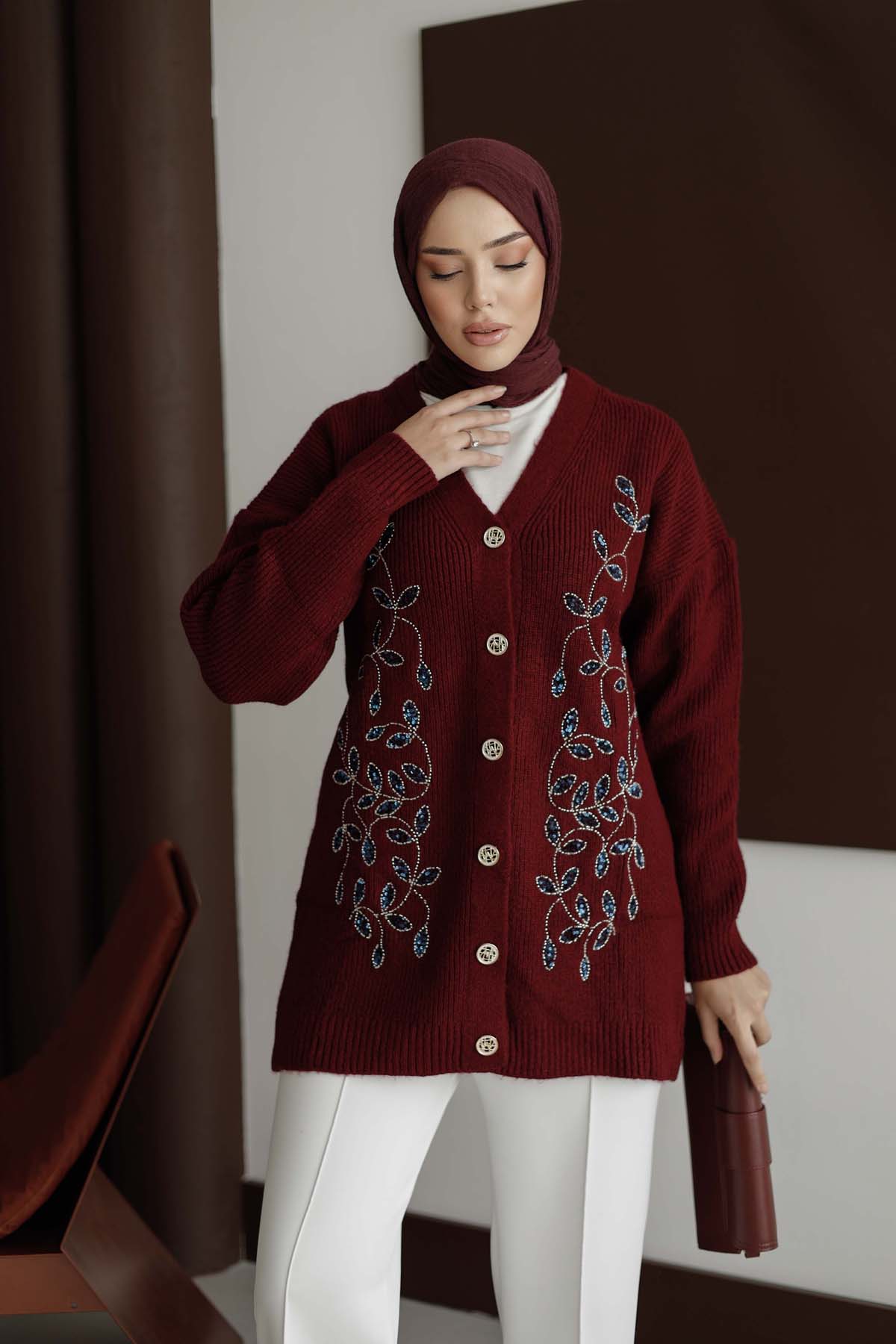 Şardonlu Boncuk Nakışlı Ceket