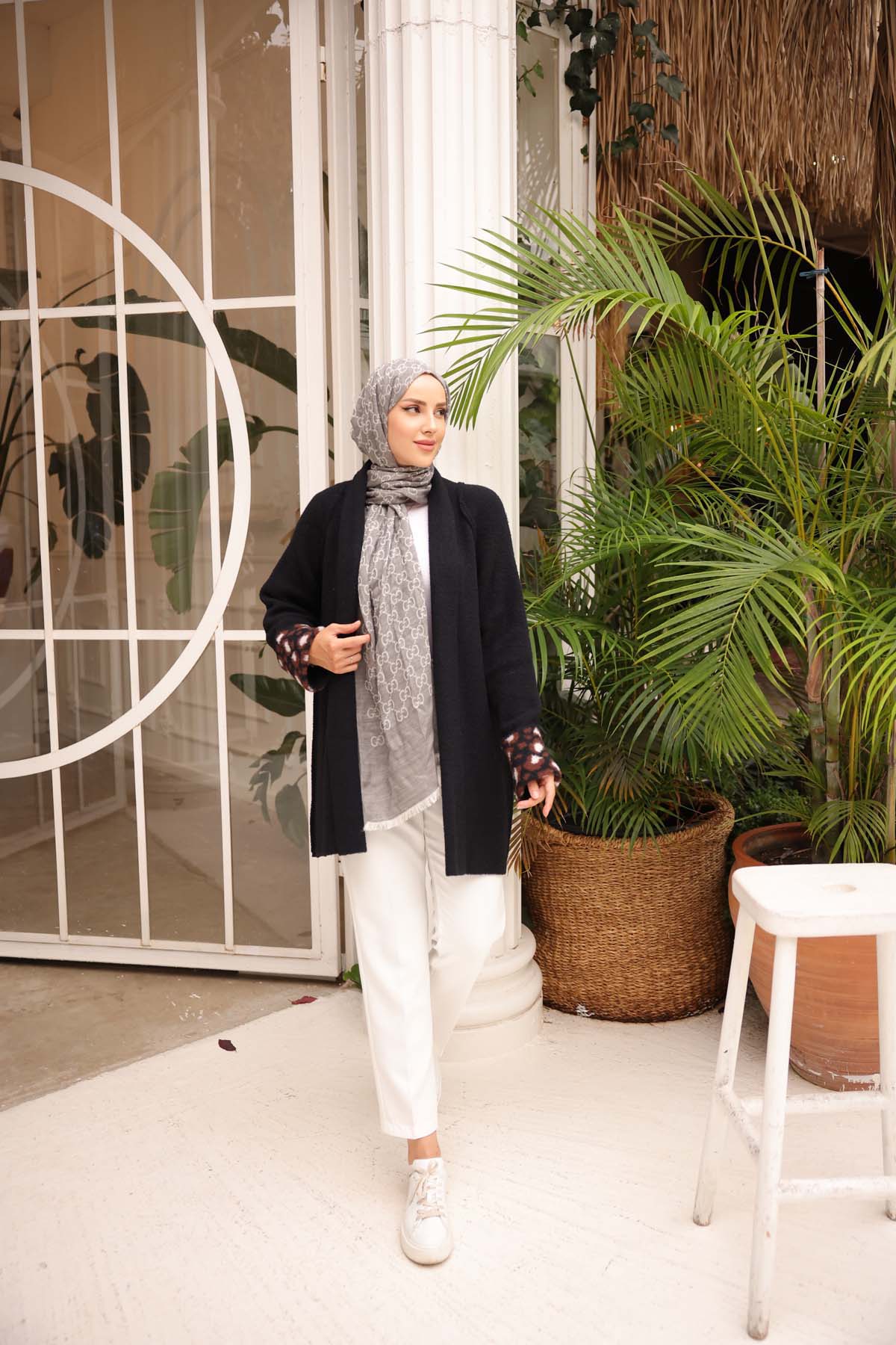 Angora Kol Manşeti Leopar Desenli Hırka