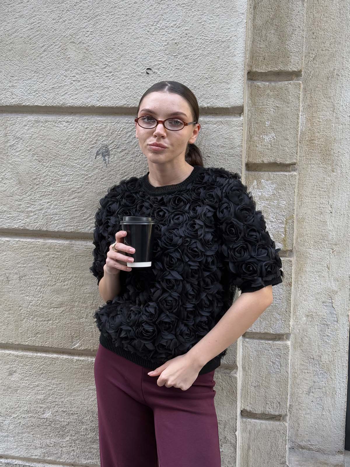 Pamuk Gül Tül Kumaşlı Kısa Kollu Kazak