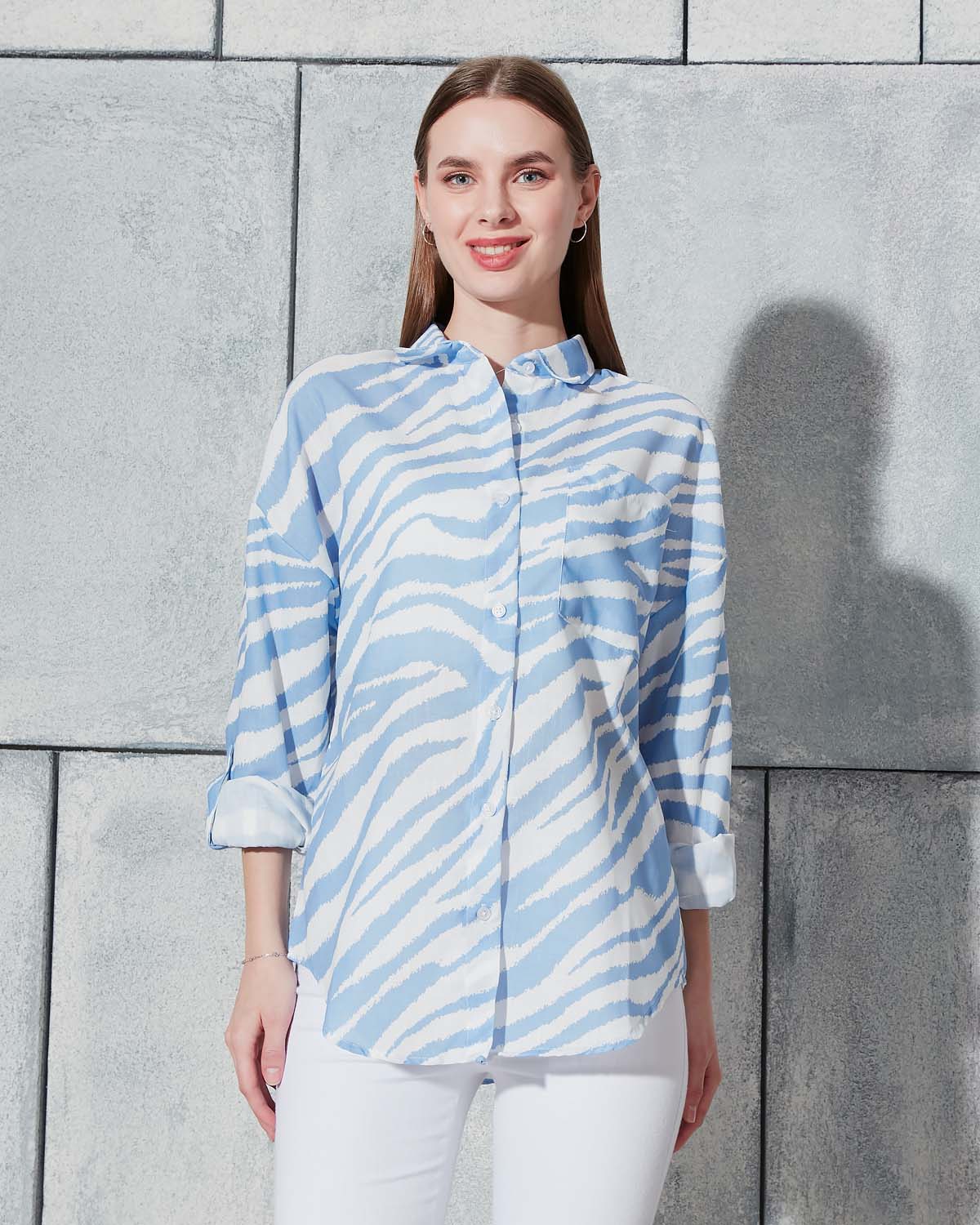 Zebra Desen Kısa Kolu Keten Gömlek