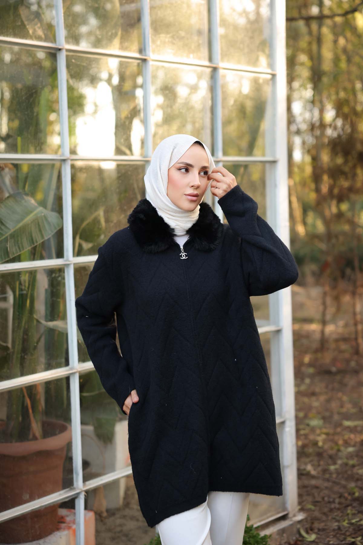 Angora Yakası Kürklü Uzun Hırka