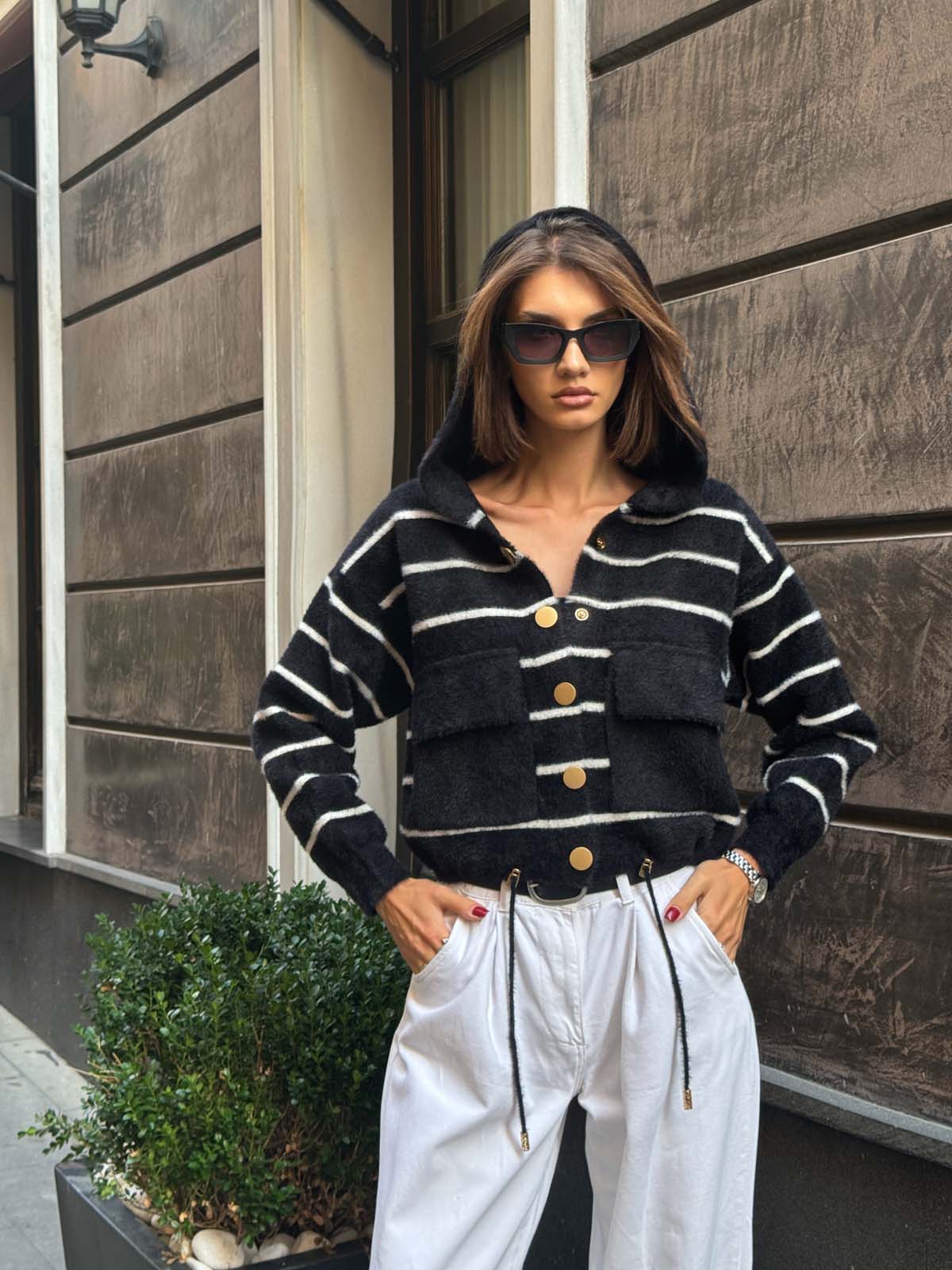 Angora Kaşonlu Çizgili Hırka