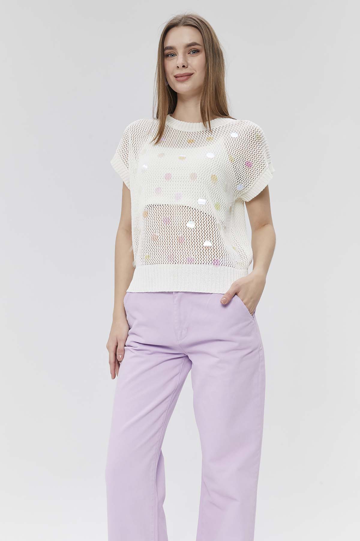 Ajurlu Pul Detaylı Süveter Bluz Crop Atlet