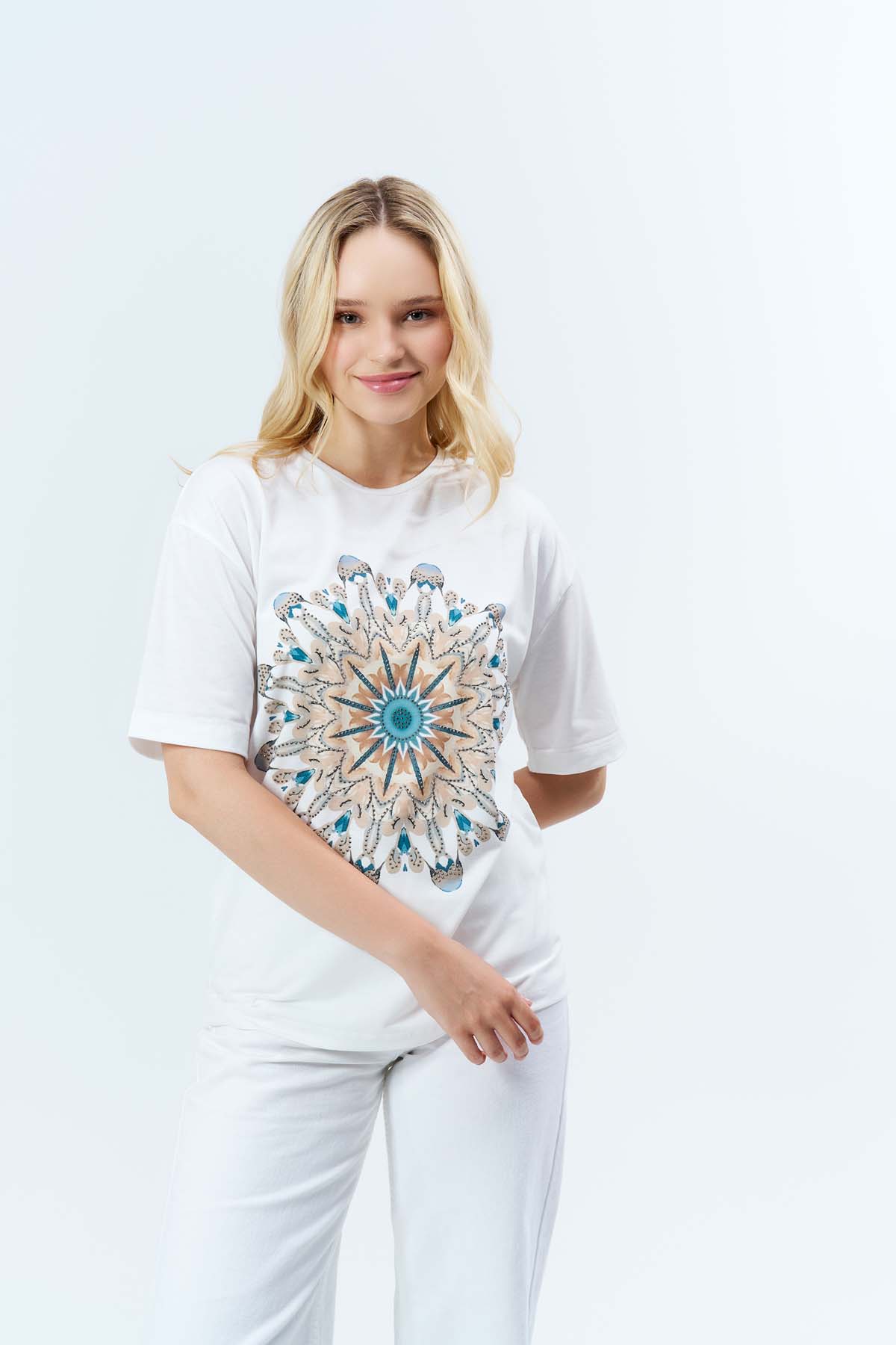 Mandala  Baskılı  Basıc Taşlı Tişört