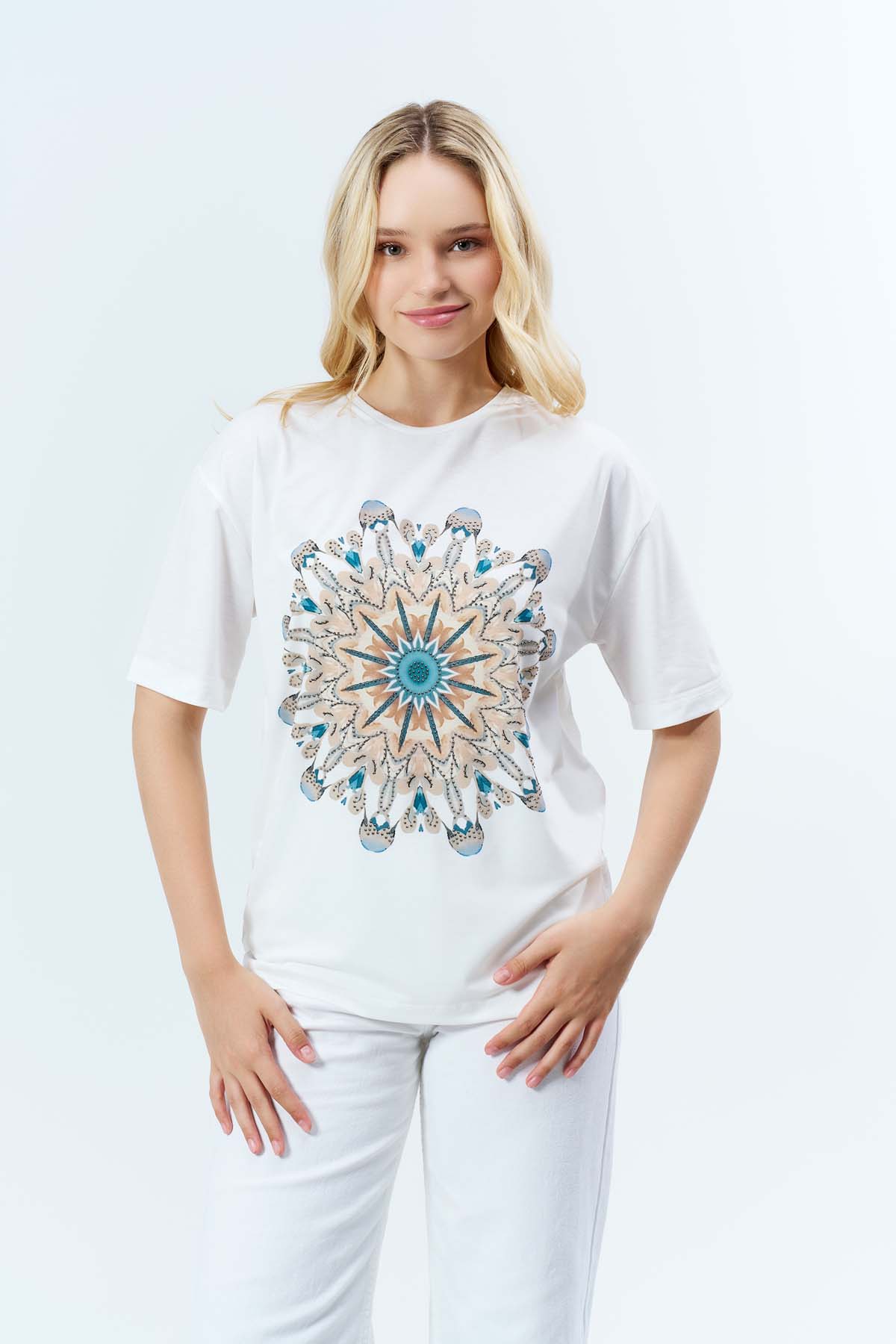 Mandala  Baskılı  Basıc Taşlı Tişört