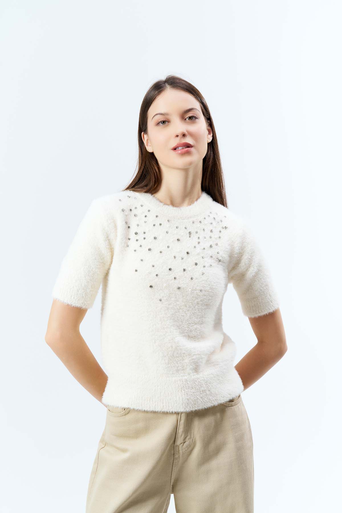 Angora Kısa Kollu Beyoğlu Taşlı Kazak