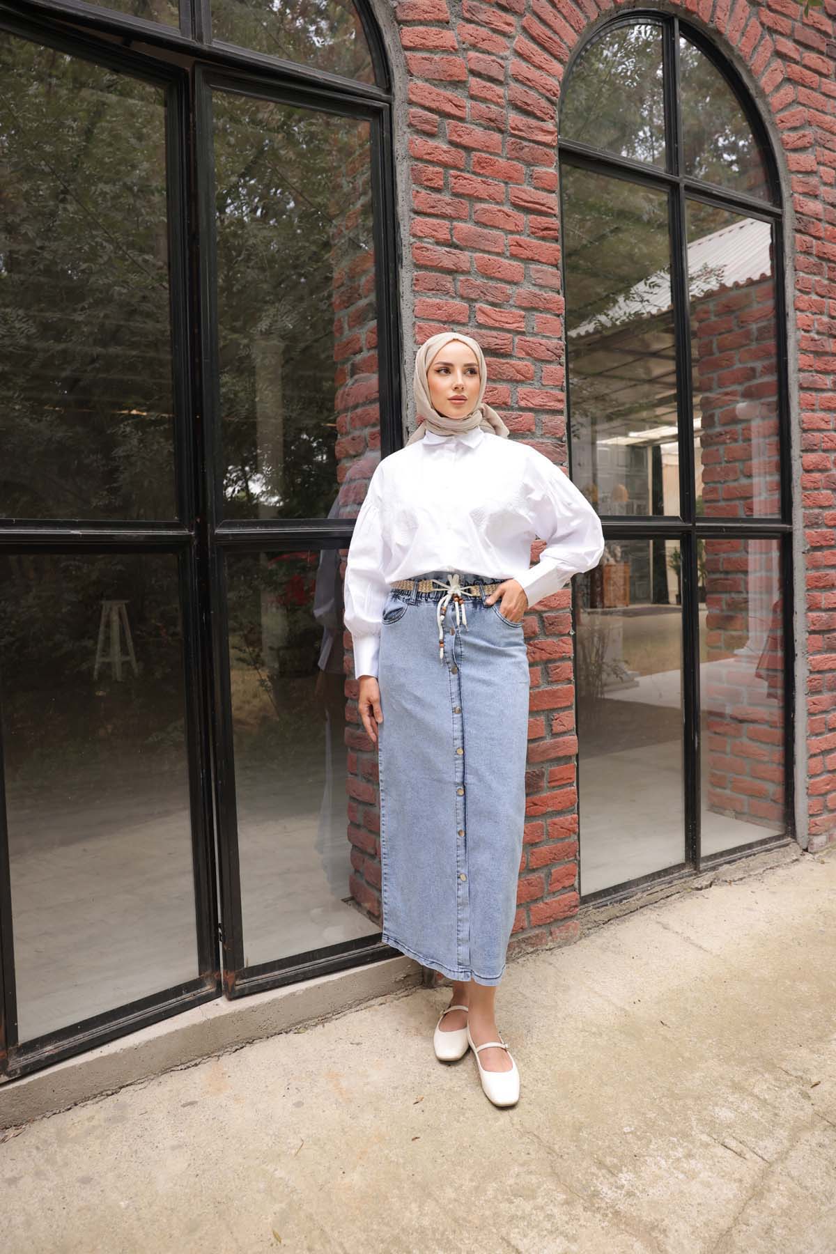 Düğmeli Kemerli Kot Etek