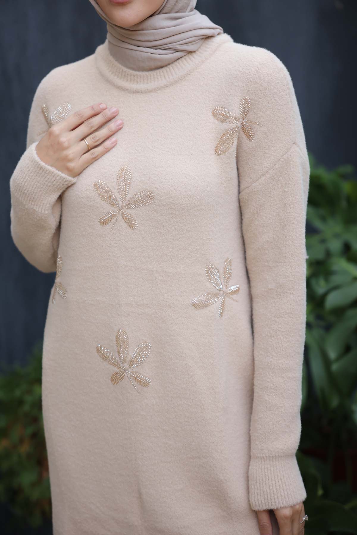 Angora İncili Yaprak Desenli Tunik