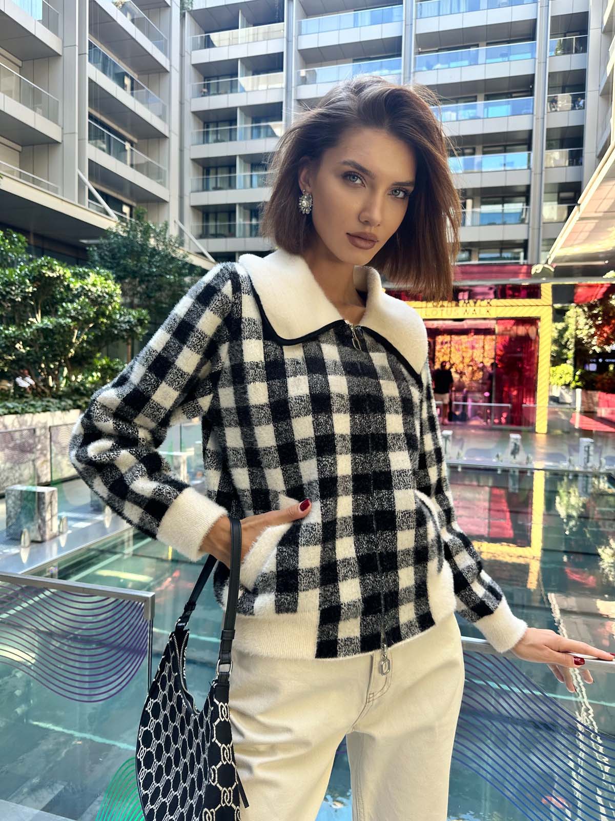 Angora Kareli Fermuarlı Hırka