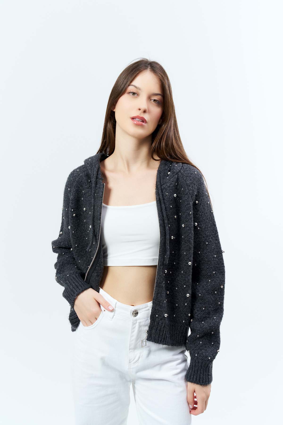 Şardonlu İncili Kapüşonlu Hırka