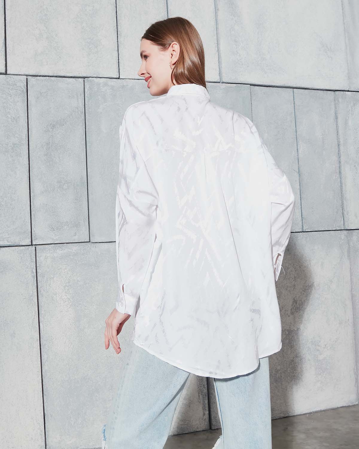 Ekru Jakarlı Saten Gömlek