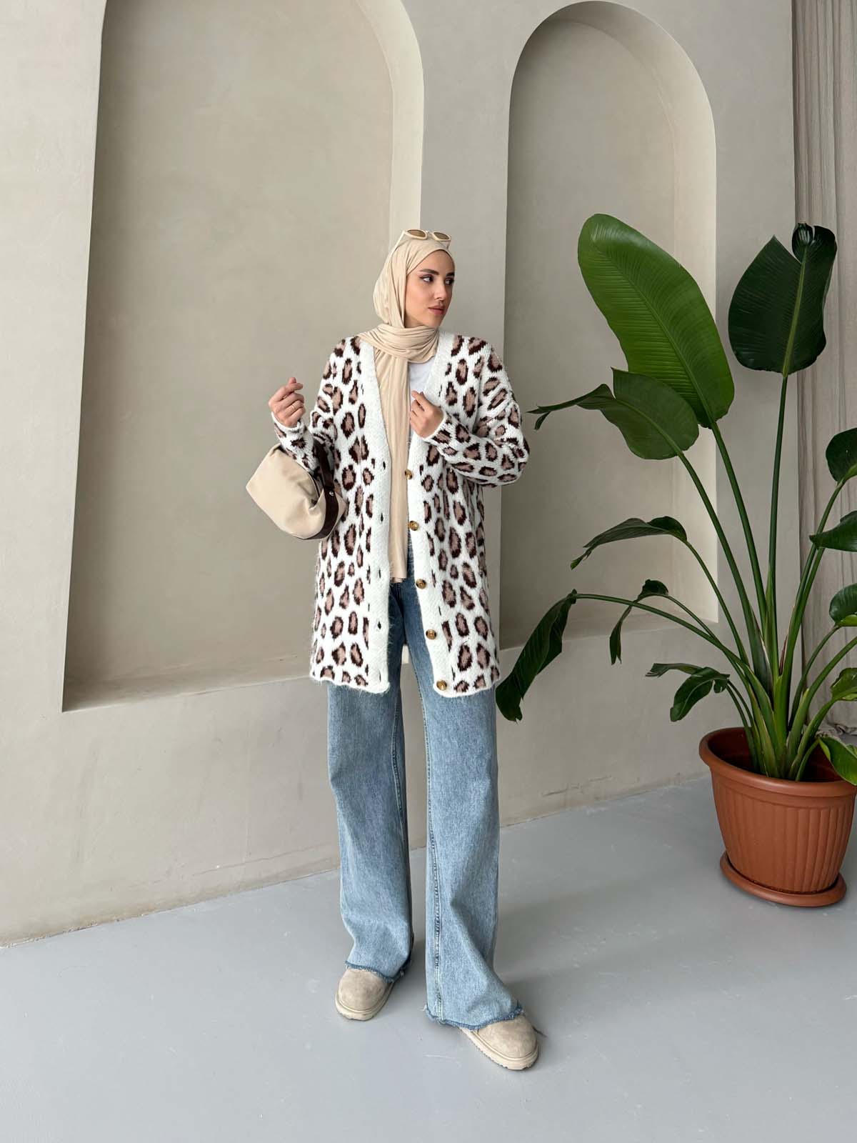 Şardon Leopar Desenli Uzun Hırka