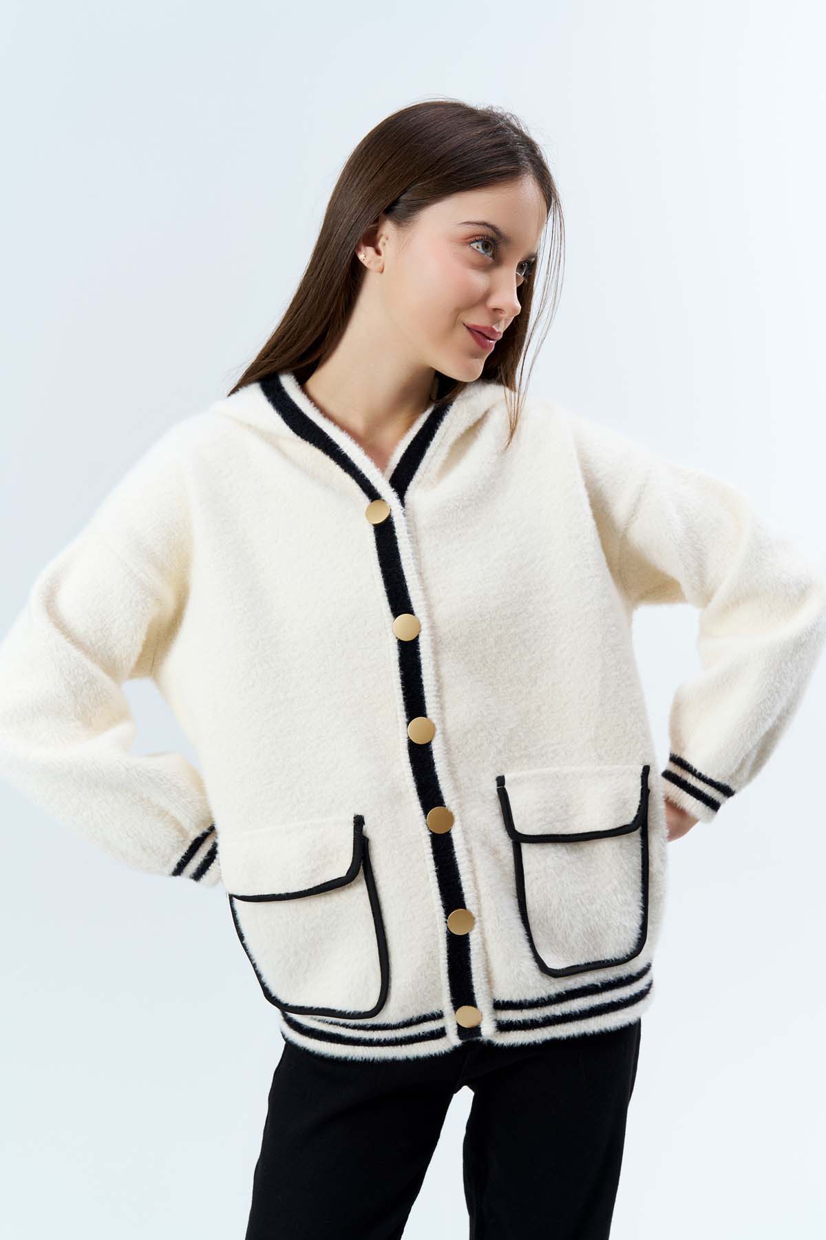 Angora Kapşonlu Cepli Hırka