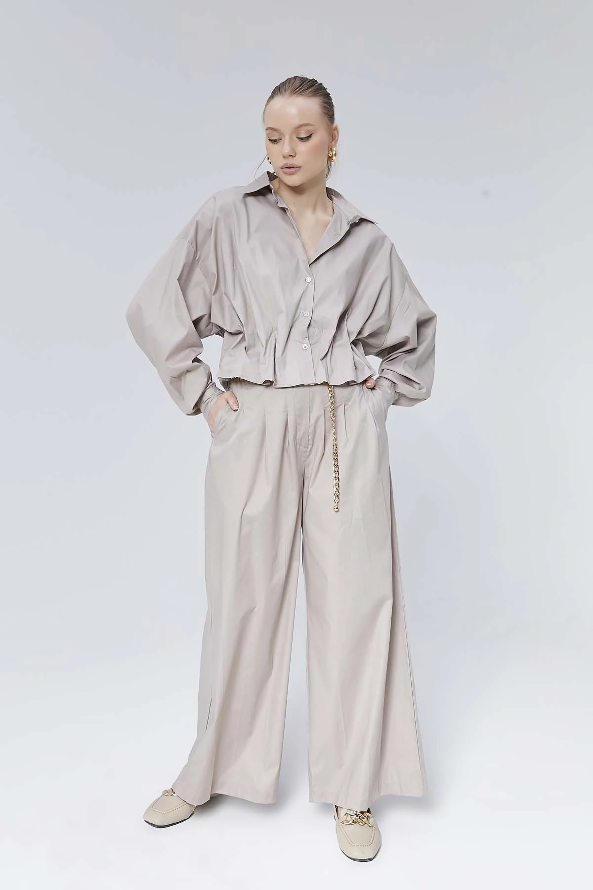 Önü Büzgülü Poplin Gömlek