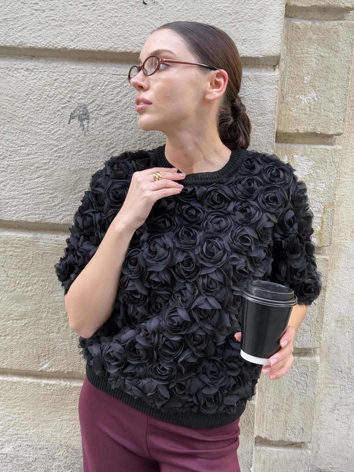 Pamuk Gül Tül Kumaşlı Kısa Kollu Kazak