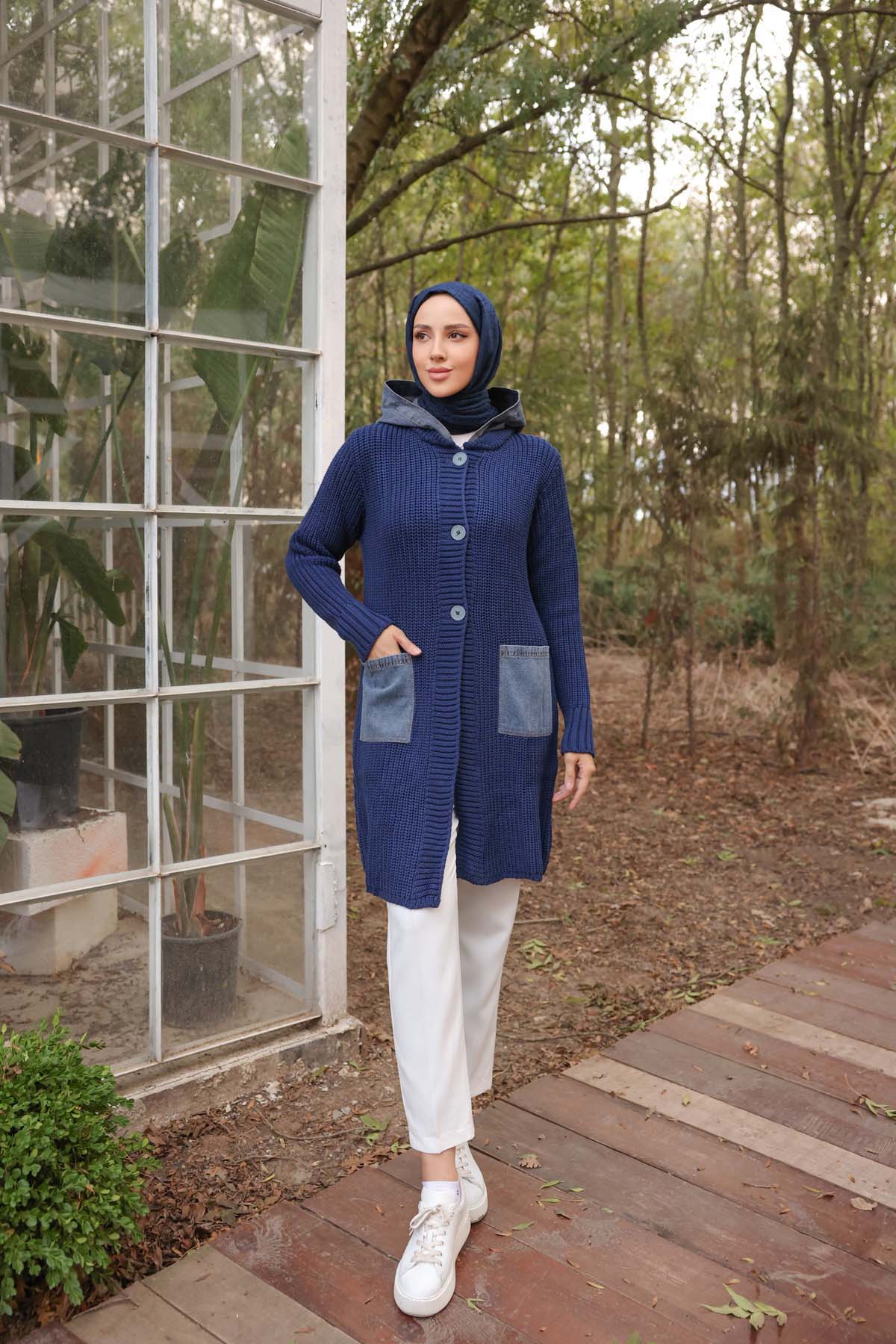 Kot Kapüşonlu Kot Cepli Uzun Hırka