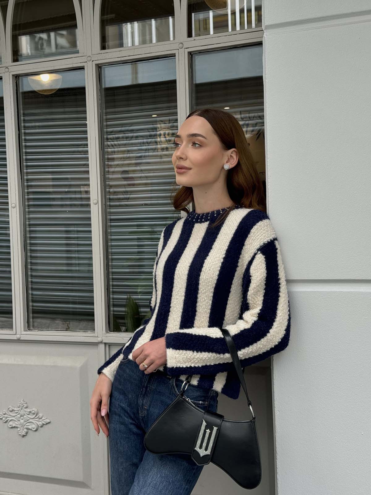 Angora Boyuna Çizgili Crop Kazak