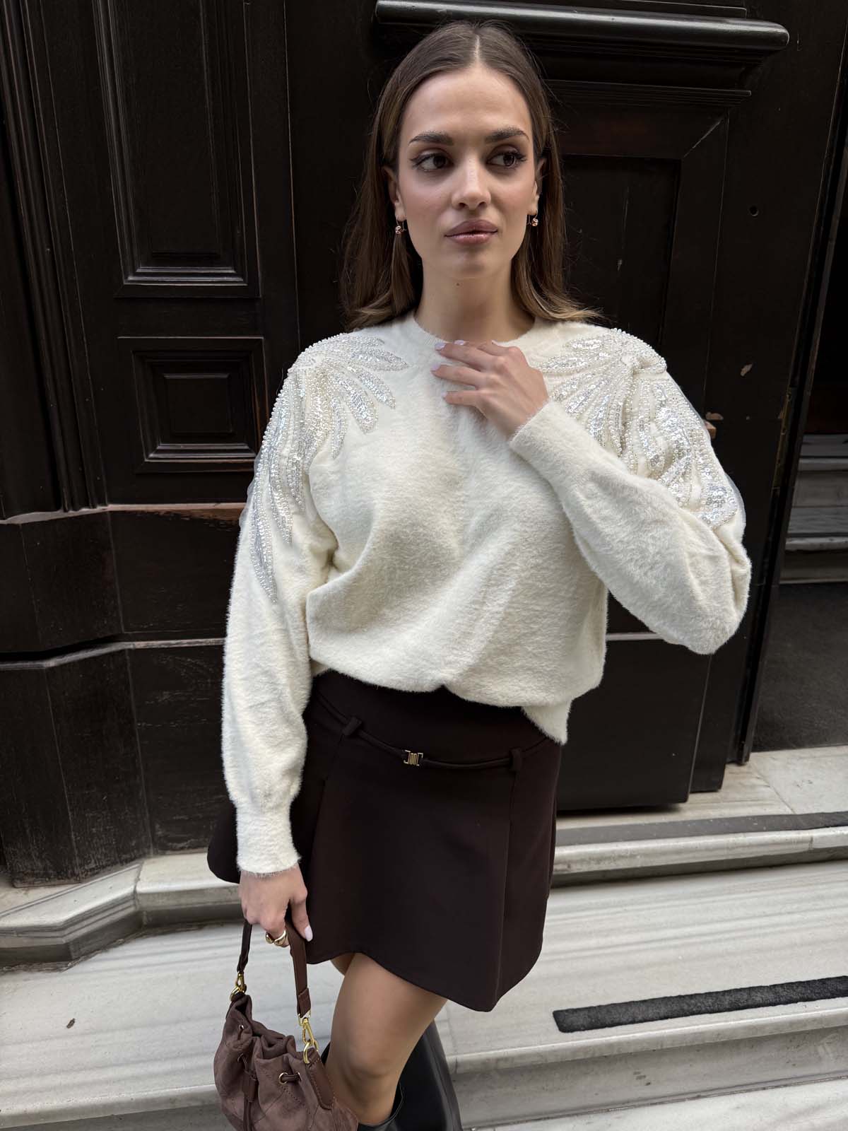 Angora Boncuklu Bisiklet Yaka Kazak