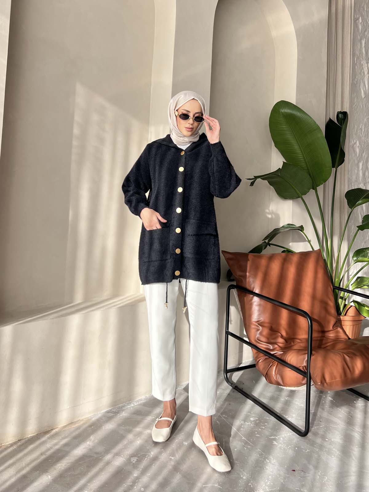 Angora Kapşonlu Uzun Hırka