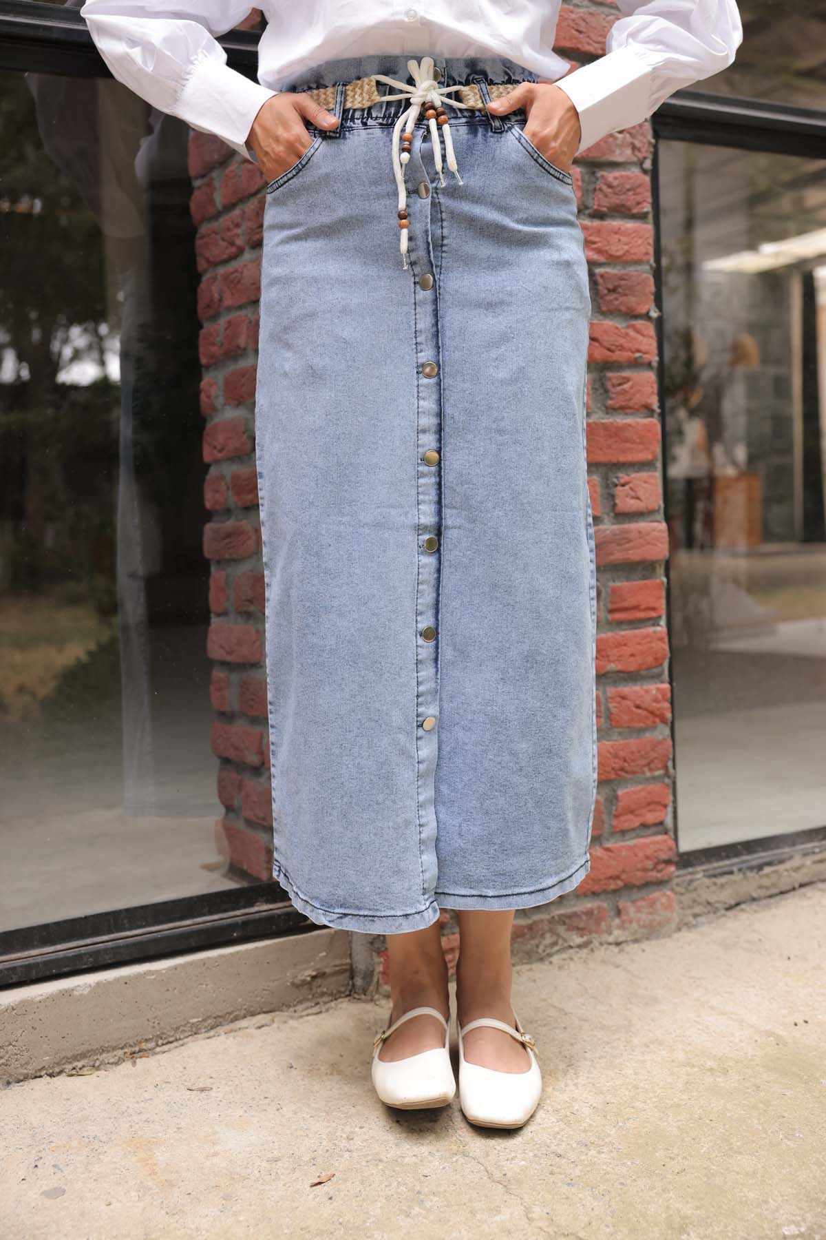 Düğmeli Kemerli Kot Etek