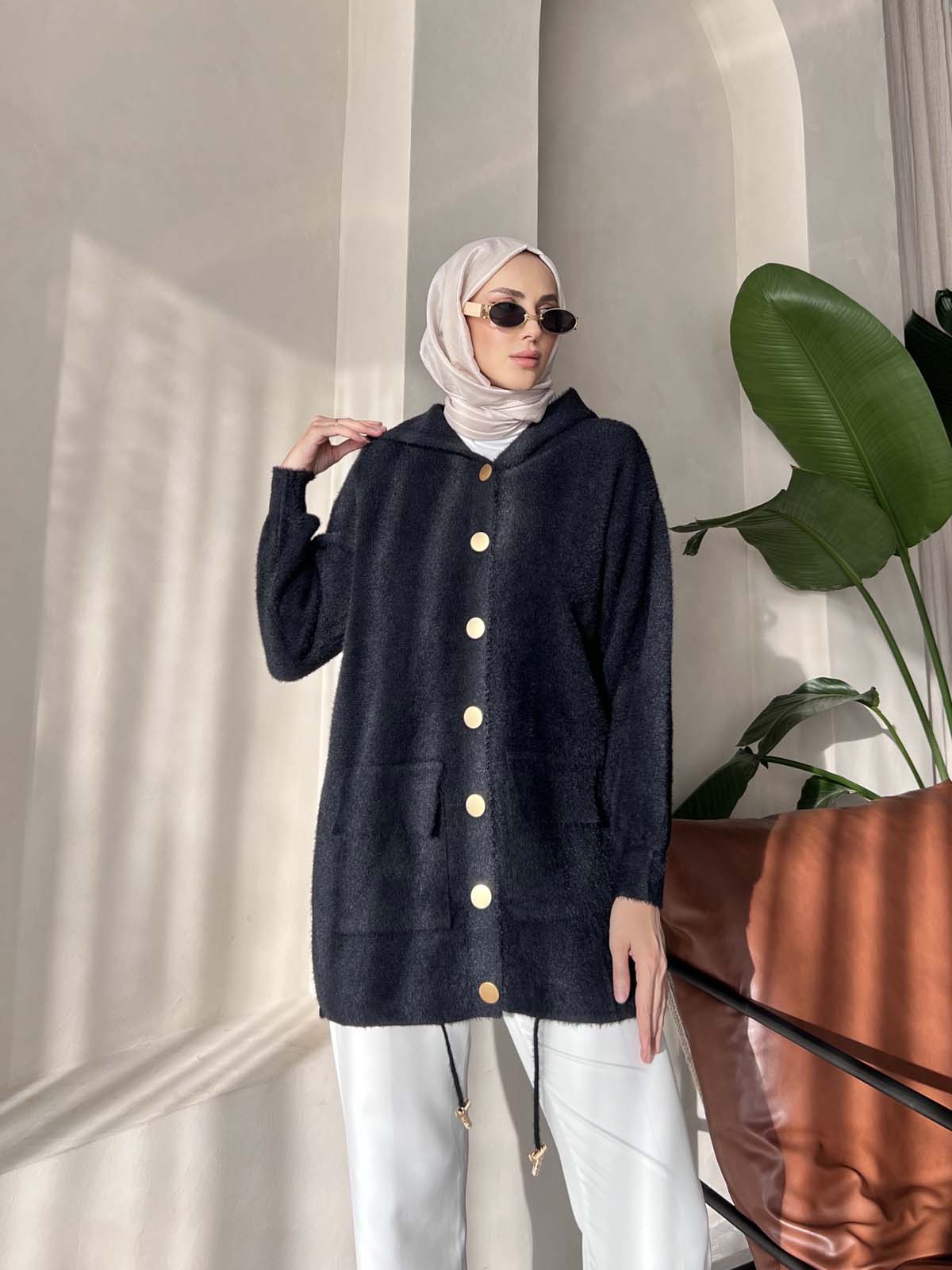 Angora Kapşonlu Uzun Hırka