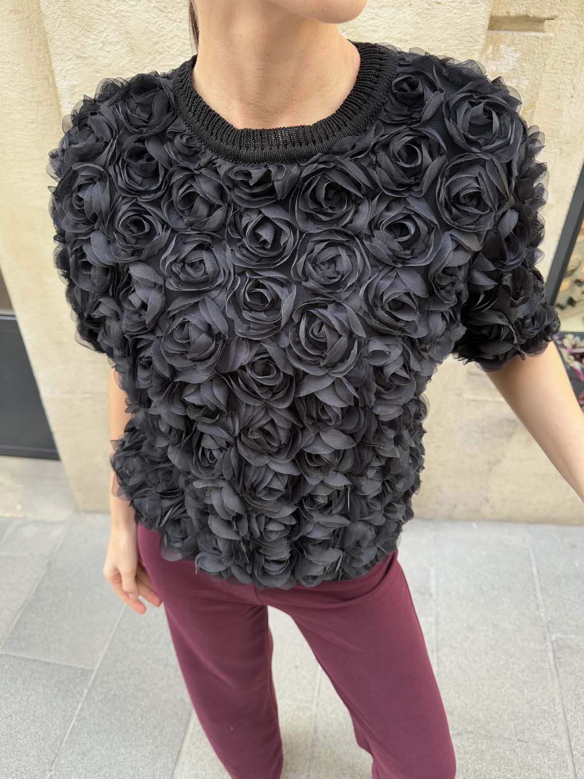 Pamuk Gül Tül Kumaşlı Kısa Kollu Kazak