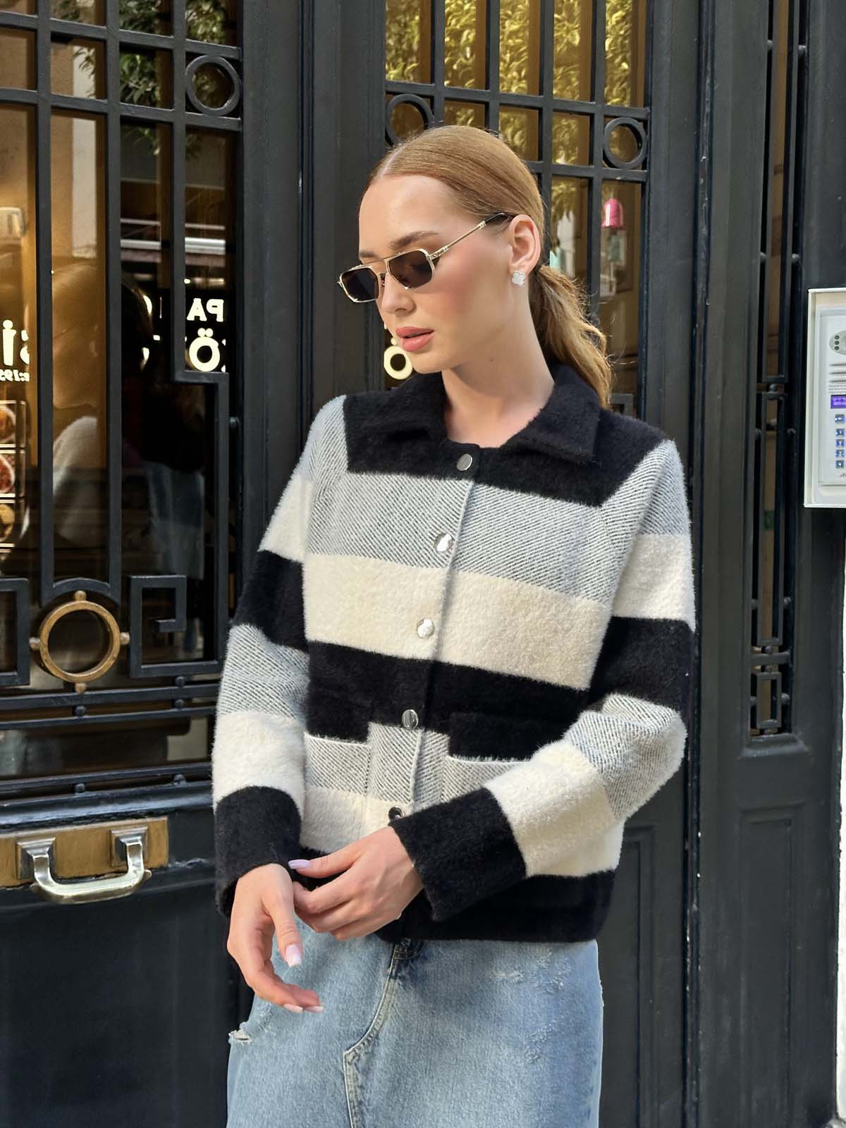 Angora Çizgili Gömlek Yaka Hırka