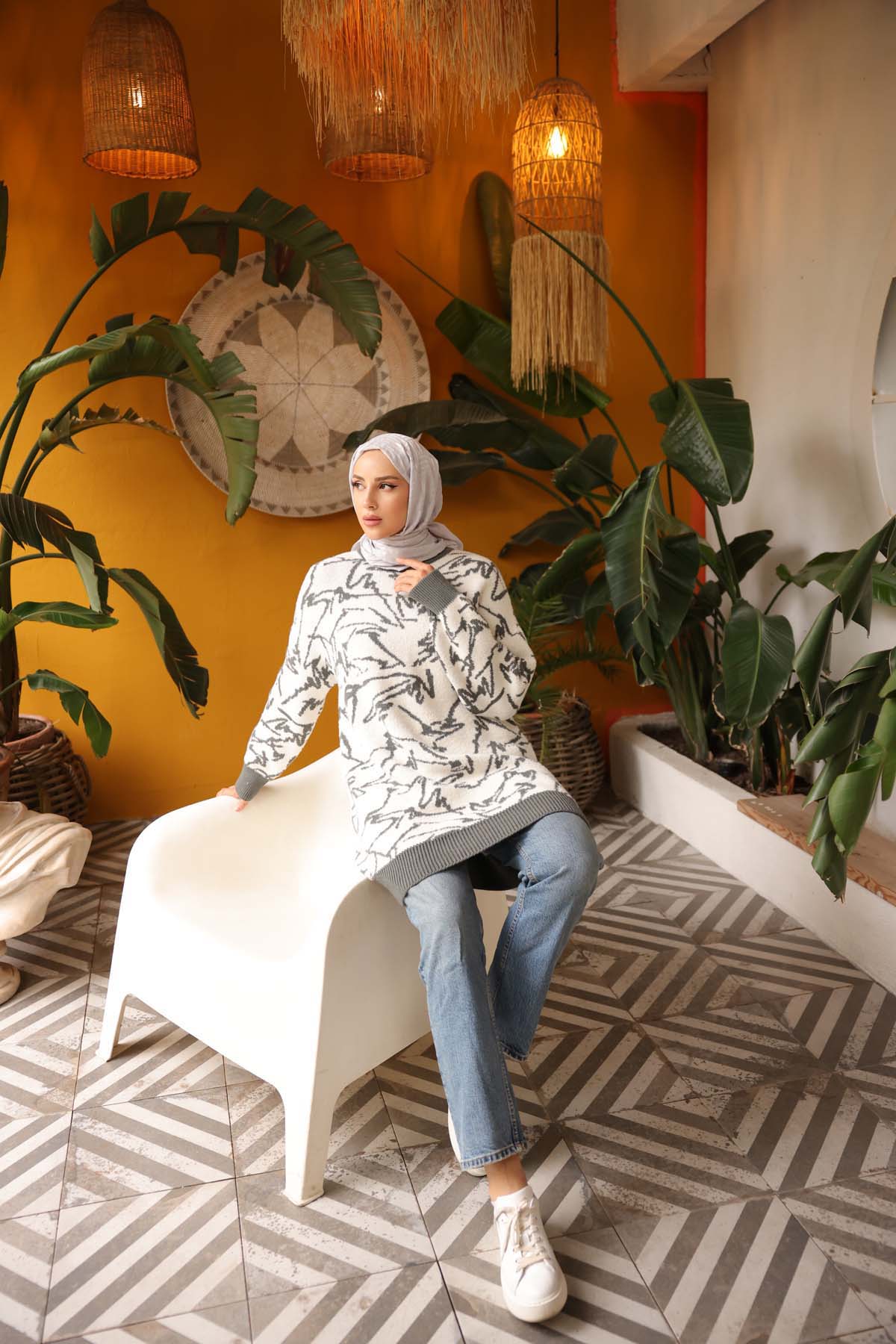 Angora Çizgi Baskı Desenli Tunik