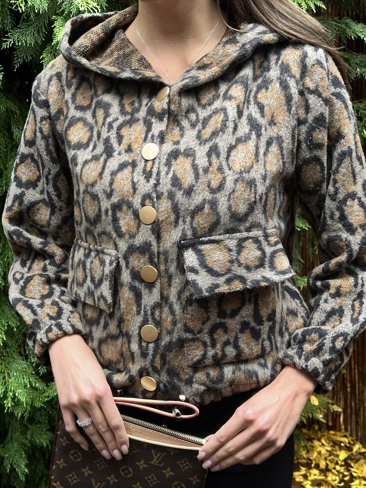 Leopar Desenli  Kapşonlu Çıtçıtlı  Hırka