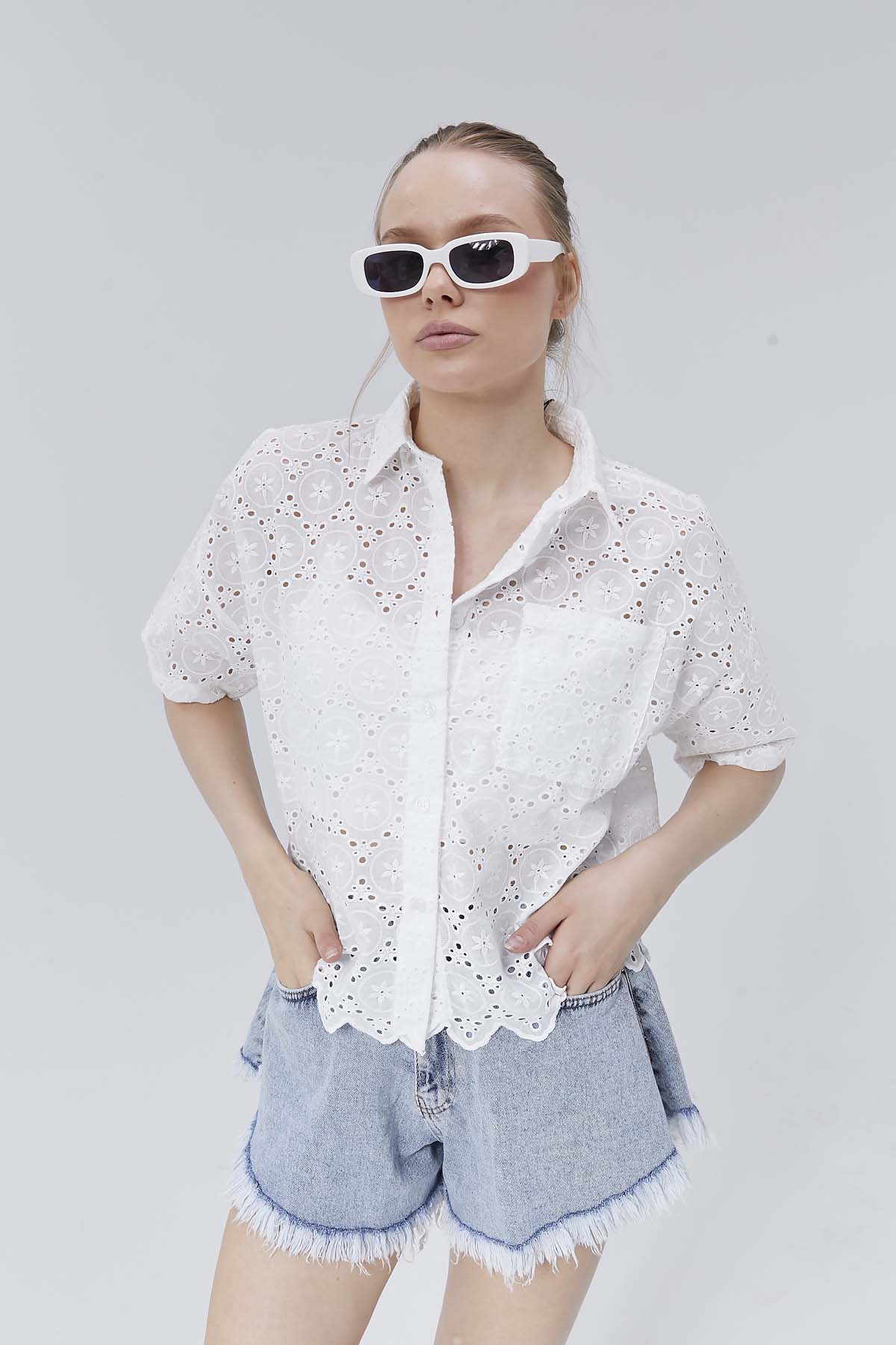 Ajurlu Cepli Crop Gömlek