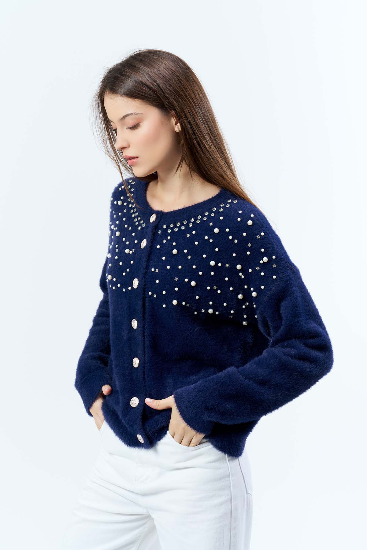 Angora İncili Düğmeli Kısa Ceket