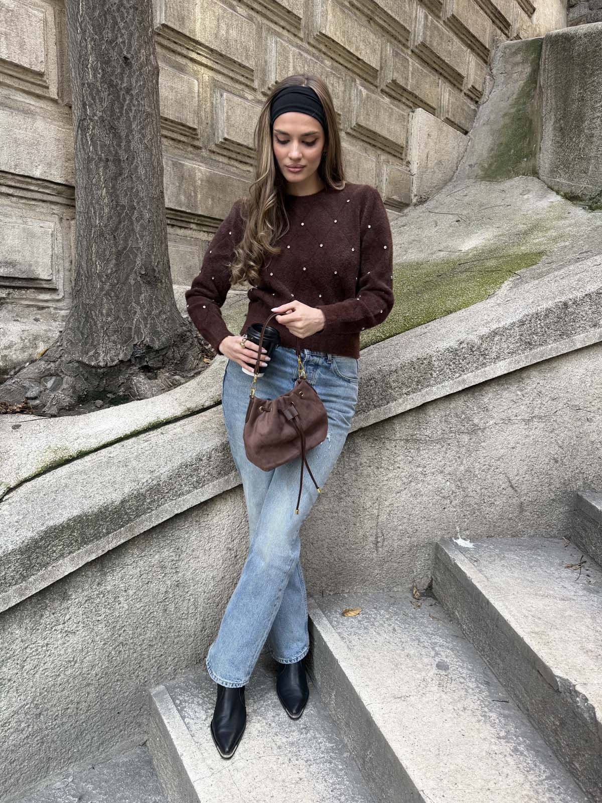 Angora Önü Taşlı  Bisiklet Yaka Kısa  Kazak